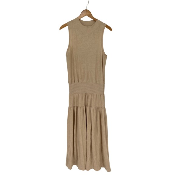 Nation Ltd Barrett 90s Beige Tiered Smocked Midi Dress Size Large Boho‎ Neutral - Picture 1 of 6